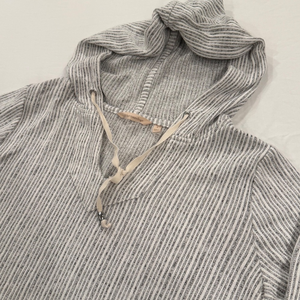 Soft Surroundings Womens Grey White Striped Ribbed‎ Hooded Pullover Size Small